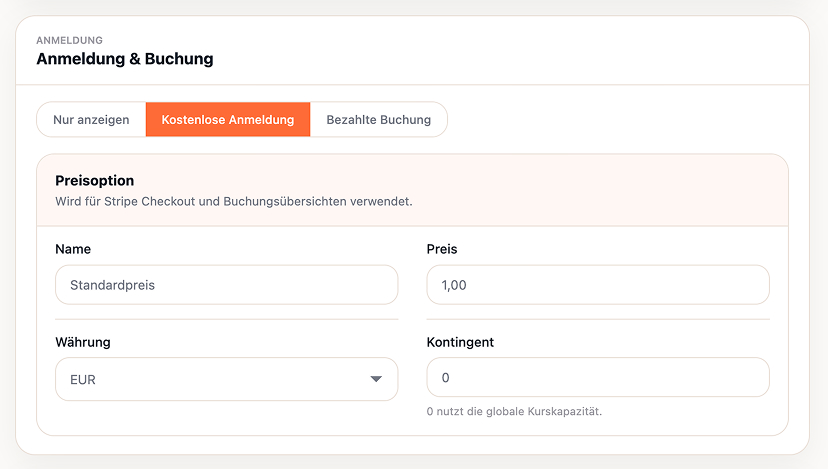 PulseWP Anmeldung und Buchung: kostenlose Anmeldung oder bezahlte Buchung über Stripe