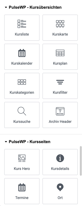 PulseWP Elementor-Widgets: Kursliste, Kurskarte, Kurskalender, Kursplan und mehr