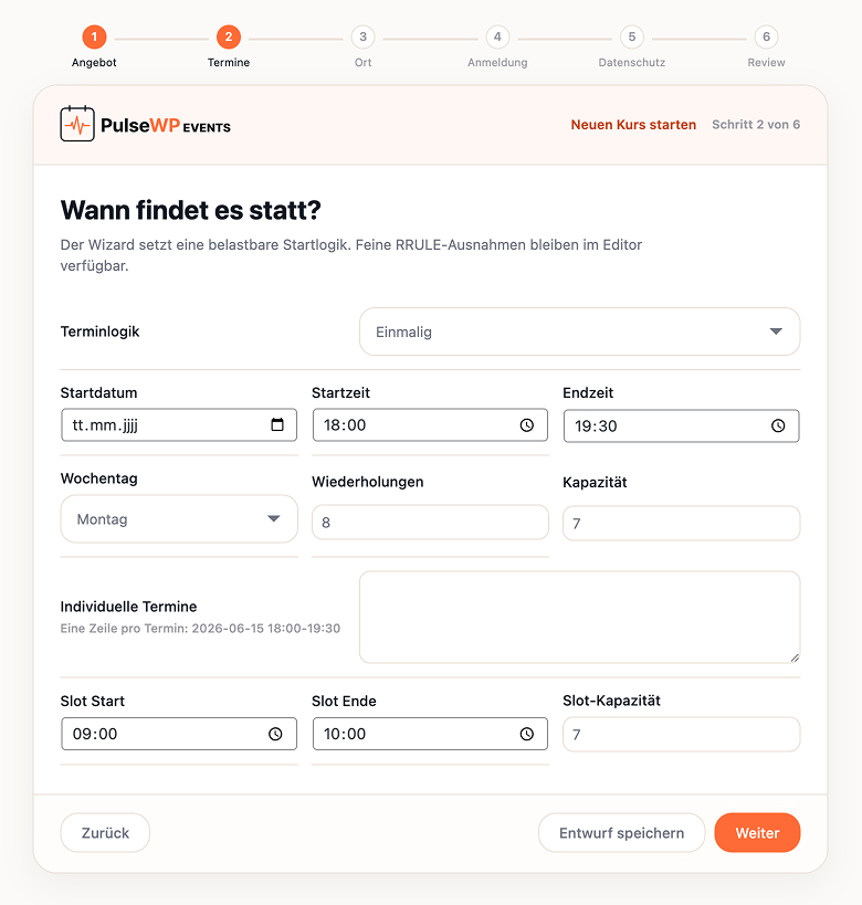 PulseWP Wizard: Terminlogik mit Wiederholungen, Wochentag und Kapazität